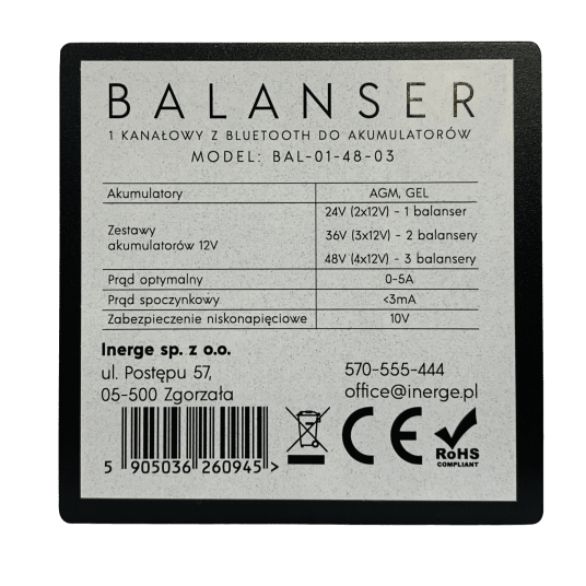 Balanser 1 kanałowy z Bluetooth do akumulatorów BAL-01-48-03 INERGE
